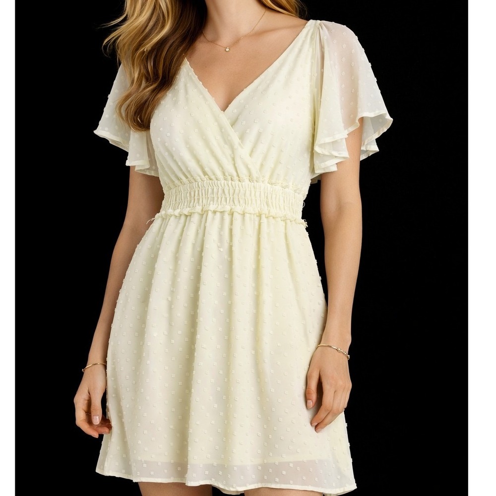 Altar'd State Mini Dress Womens Medium Cream Swiss Dot Flutter‎ Sleeve Smocked